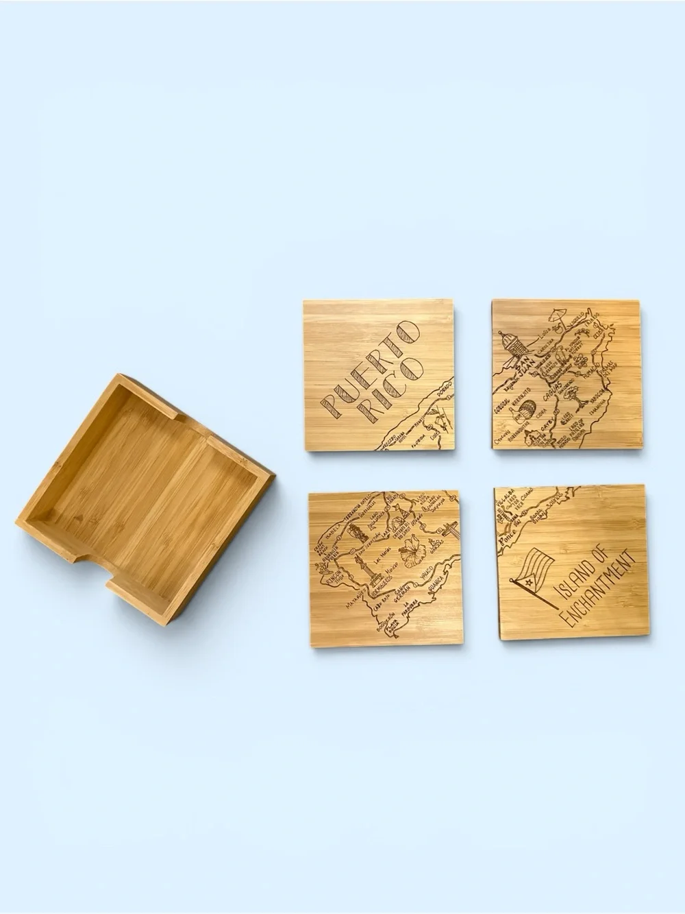 Puerto Rico Bamboo 10 Piece Cheese Board Set w/ Utensils and Coaster Set NEW